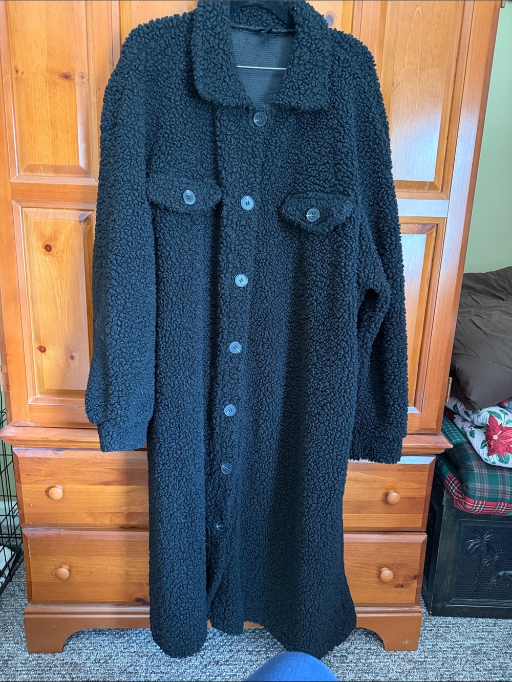 SHEIN Black Long Teddy Button-Up Coat